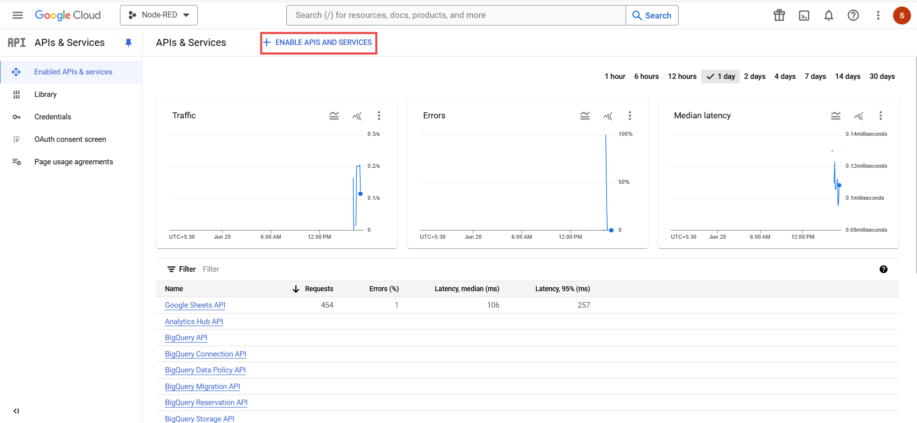 Screenshot showing the 'Enable APIs and Services' option "Screenshot showing the 'Enable APIs and Services' option